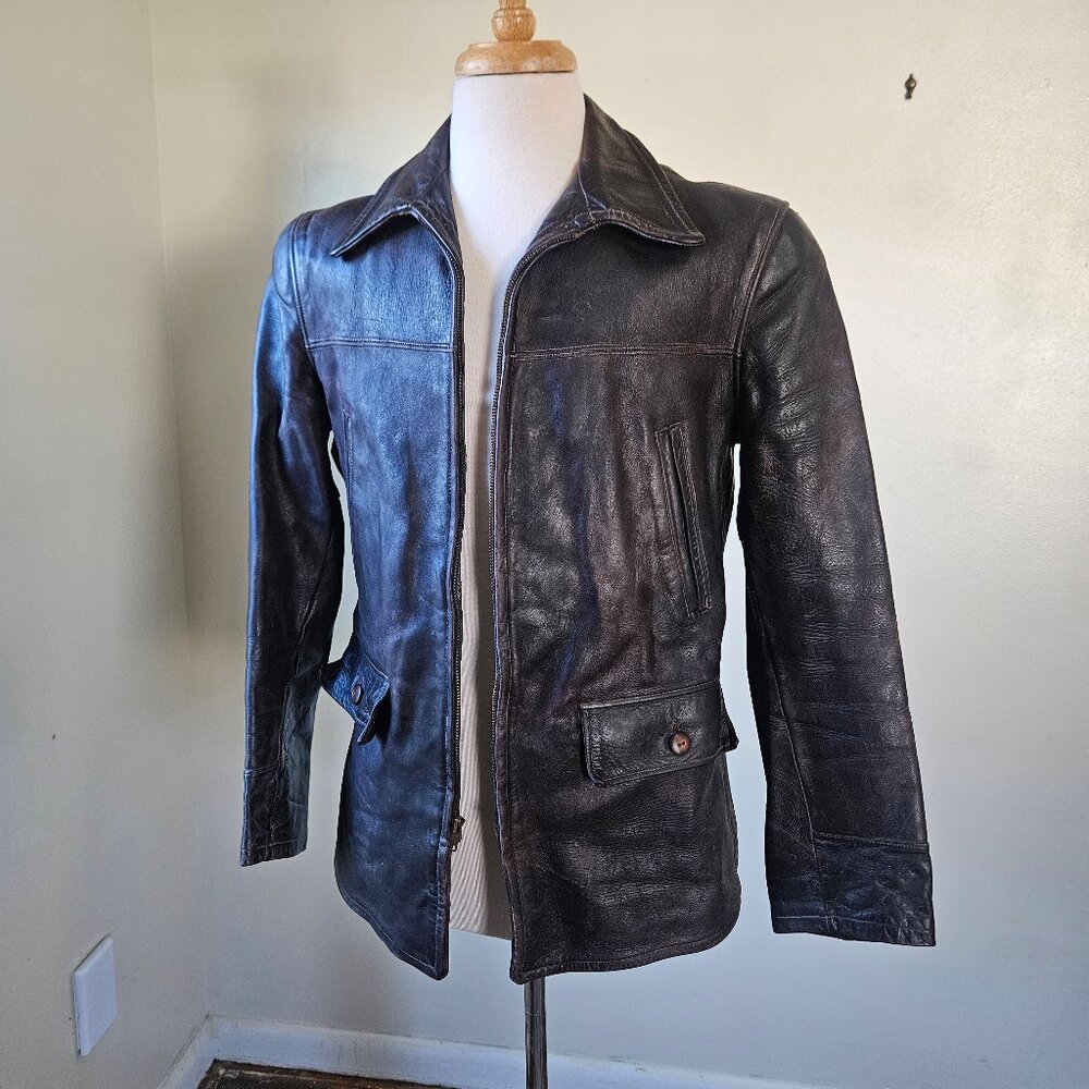 Vintage Penneys Towncraft Leather Car Coat Brown 50s 60s Talon Zip Distressed